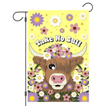 Imagem de Bandeira Take No Bull Garden – Decoração engraçada de pátio externo de vaca Highland – Bandeira dupla face de 30 x 45 cm com flores coloridas – perfeita para jardim, varanda ou gramado