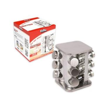Imagem de Porta Condimentos e Temperos Giratório com 12 Potes em Aço Inox e Vidro