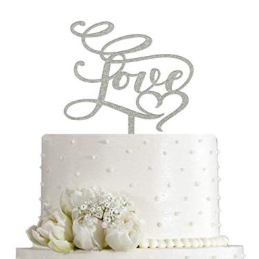 Imagem de Enfeite de bolo Love - artigos de decoração de casamento/noivado/chá de panela/aniversário/aniversário/despedida de solteira/confissão, acrílico com glitter prateado