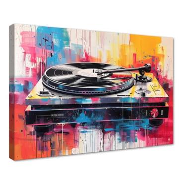 Imagem de Novatique Arte de parede de música retrô disco de vinil arte de parede colorida fita de música pôster decoração de sala áudio rádio pintura impressão para sala de estar quarto pronto para pendurar, 61