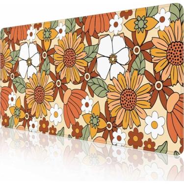 Imagem de Mouse pad grande com girassóis florais retrô, grande, mouse pad para jogos, 90 x 40 cm de comprimento, mouse pad com base antiderrapante e borda costurada para jogos e escritório