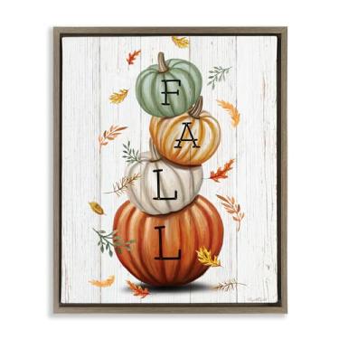 Imagem de Stupell Industries Arte de parede em tela flutuante marrom com folhas caindo e pilha de abóbora, design por Elizabeth Tyndall, 43 x 53 cm