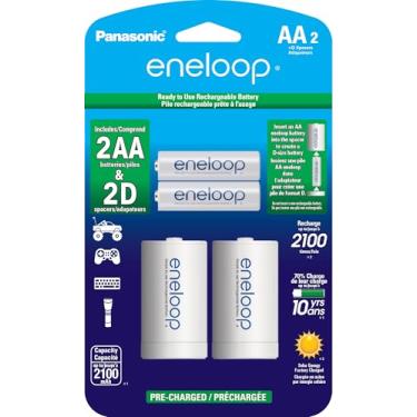Imagem de Eneloop Panasonic K-KJS1MCA2BA Adaptadores de bateria tamanho D AA 2100 Ciclo Ni- MH Baterias recarregáveis pré-carregadas, adaptadores D de 5.1 cm com 2 baterias