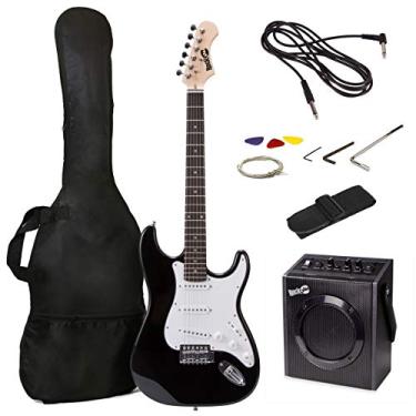 Imagem de RockJam Superkit de guitarra elétrica com 10 watts Amp, bolsa de gig, palhetas e aulas online pacote com 6 cordas, direita, preto, completo (RJEG03-SK-BK)