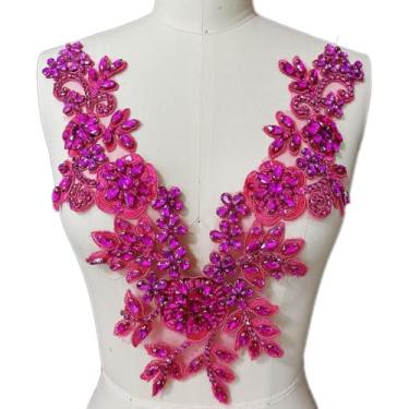 Imagem de Apliques de strass feitos à mão, com lantejoulas, acabamento em renda, bordados, faça você mesmo, roupas para decoração de vestido de noite (rosa vermelha)