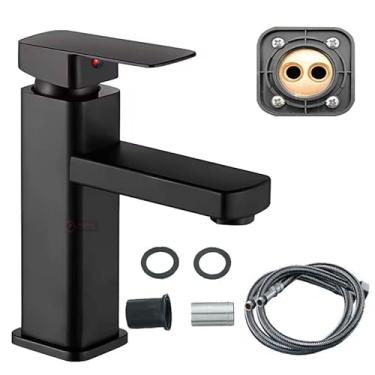 Imagem de Kit Completo Torneira Banheiro Luxo Quadrada Misturador Monocomando Preta 1/4 Volta Com Arejador De Aço Inox Para Bancada Pia - Agua Quente e Frio - Gourmet Alto Padrão