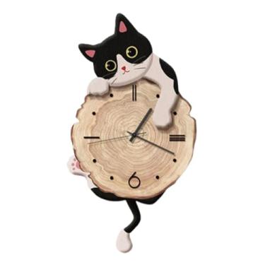 Imagem de WeiLaiKeQi Relógio de parede com pingente de gato, animal fofo, estiloso e silencioso, para quarto de criança, sala de jantar, quarto e escritório, Preto Branco
