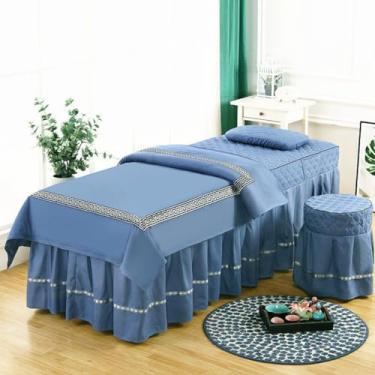 Imagem de Conjuntos de lençóis de mesa de massagem spa beleza capa de cama 4 peças microfibra massagem saia de cama macia cor sólida colchas salão fumigação roupa de cama conjunto de cama com furo colcha