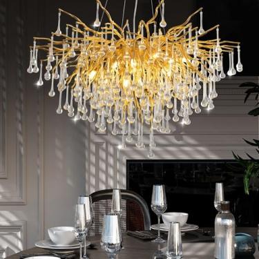 Imagem de NKJORTPPL Lustre De Cristal 23,6 Pol., Moderno, Dourado, Para Sala Jantar, Redondo, Com Galhos Árvores, Pendente, Luz Quarto, Estar, Cozinha, Ilha