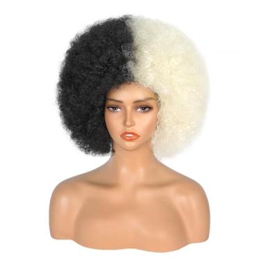 Imagem de Aminow Peruca Afro Feminina Dos Anos 70, Curta E Cacheada Cruella Deville, Sintética Sem Cola Com Franja, Fofa Elástica, Fantasia De Halloween Para Cosplay Diário