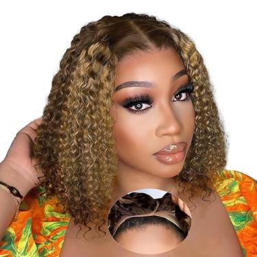 Imagem de Rolisy Peruca De Cabelo Humano 5×5 Kinkycurly Com Mechas Ombré E Marrom, Sem Cola, Pré-Depilada, Curta, Cacheada, Parte Livre, Loiro Mel, Fechamento Renda Hd Para Mulheres Negras, 12"
