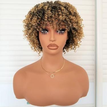 Imagem de Charming cascade Peruca Curta Crespa E Cacheada Com Franja De 6" Loira Ombré, Afro Para Mulheres Negras, Fibra Sintética Macia Resistente Ao Calor
