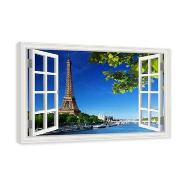 Imagem de NHLDZYH Janela de arte de parede com impressão em tela. Vista de janela falsa. Impressão de imagem natural em tela. Arte de cenário para decoração de sala de estar (Vista da Torre Eiffel de Paris 15