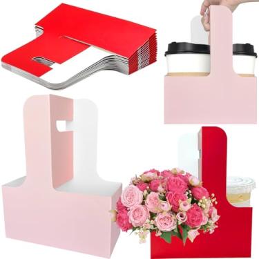 Imagem de Pacote com 50, 2 xícaras, porta-bebidas com alça para 2 ou 4 xícaras de papelão kraft, porta-copos para entrega de café, bebidas, caixa de embalagem floral, aniversário, dia das mães, formatura, festa