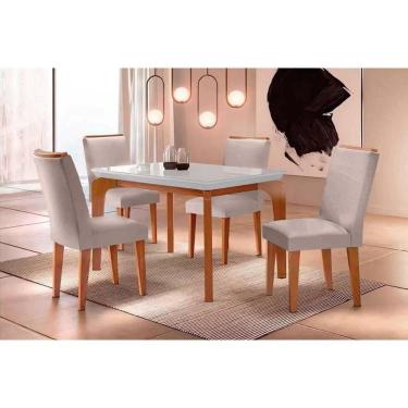 Imagem de Sala de Jantar Completa Londrina c/ Tampo Madeirado c/ Vidro 120x80cm e 4 Cadeiras Lunara Capuccino/Suede Creme - Rufato