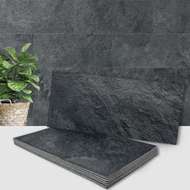 Imagem de AULIGET 2 peças de azulejos de parede Backsplash de ardósia preta, 15,24 cm x 30,5 cm de pedra sintética em azulejos para cozinha, banheiro, lavanderia, campista, lareira