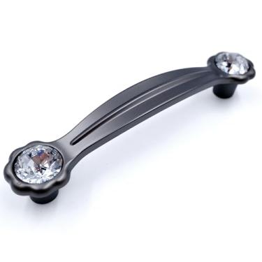 Imagem de JETLAND Puxadores de cristal para gaveta de armário, pacote com 4, cinza com vidro transparente, centros de furo de 10 cm, margarida brilhante, alças de armário para móveis de mesa de cabeceira de