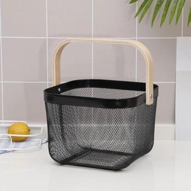 Imagem de Fruteira de Mesa 2 Andares Ferro e Bambu para Café da Manhã Multiuso de Metal Preto Cesto Organizdor(PRETO 1 ALÇA 24,5x24,5CM)