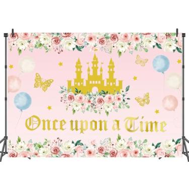 Imagem de LTDKAEN Once Upon a Time Pano de fundo rosa floral castelo de conto de fadas decoração de festa adereços para fotos de chá de bebê 2,4 x 1,8 m
