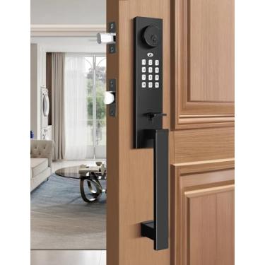 Imagem de Tinewa Conjunto de fechadura de porta de entrada inteligente, maçaneta eletrônica completa para porta de escudo, fechadura de teclado digital com aplicativo, maçaneta preta resistente da porta da frente com fechadura de cilindro único, bloqueio automático