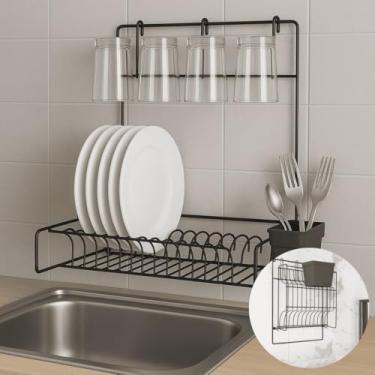 Imagem de Escorredor de Louça Parede Dobrável Suspenso Premium Preto Pliar, 11 Pratos + 4 Copos, Porta-talheres, Suporta 6 kg – Otimize o Espaço da Sua Cozinha