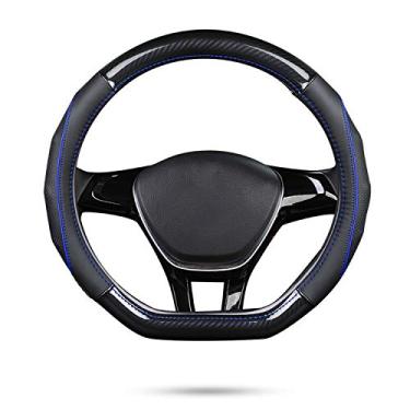 Imagem de Ergocar Capa de volante de carro antiderrapante protetor de volante esportivo em forma de D de fibra de carbono e primeira camada de couro de vaca universal para diâmetro de 38 cm (15") (D-preto-azul)