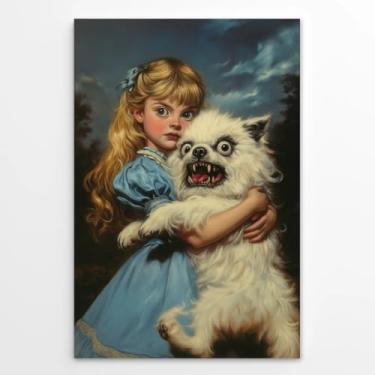 Imagem de Pôster vintage assustador segurando cachorro feio menina gótica vitoriana e filhote de monstro arte de parede surreal fantasia estranha decoração impressa para salas de horror e estética peculiar 30 x