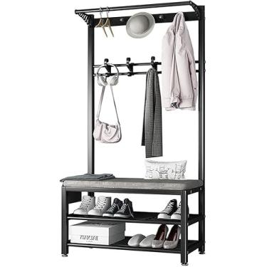 Imagem de Banco De Sapatos, Casacos De Entrada De Metal, Sapateira, Árvore De Hall 3-em-1 Com Estrutura De Metal Com 11 Ganchos, Banco De Sapateira De 2 Andares Para Hall, Banheiro, Sa, White Gray, 100cm