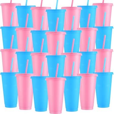 Imagem de Honeydak Pacote com 30 copos com canudo e tampa, garrafa de água a granel, café gelado, caneca de viagem, copos de plástico reutilizáveis para festas de aniversário, 680 a 765 g (cor rosa e azul)