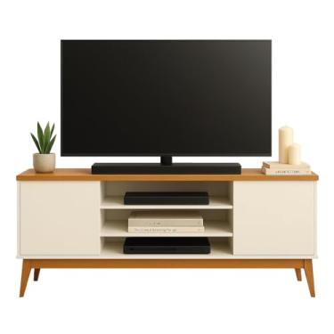 Imagem de Rack Bancada Para TV Até 60 Polegadas 1,60m 2 Portas 3 Nichos Titan Off White/Madeirado