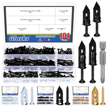 Imagem de Glarks 201 peças de âncoras autoperfurantes de drywall com conjunto de parafusos, 100 peças de parafuso de rosca de âncora de parede oca de aço carbono com 100 parafusos e 1 kit de brocas PH2 para