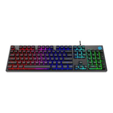 Imagem de HP Teclado para jogos K500F com membrana retroiluminada com iluminação de cores mistas, painel de metal com iluminação de logotipo, 26 teclas anti-fantasma,