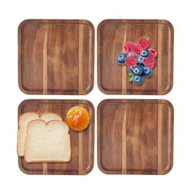 Imagem de YUANQIAN Bandeja quadrada de madeira de acácia, travessas de madeira de 8 cm, pratos pequenos de charcutaria de madeira para café, frutas, pão, queijo (4, 20 x 20 cm)
