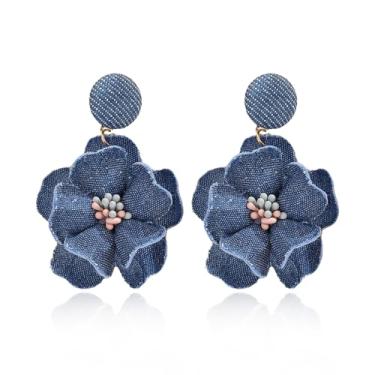 Imagem de Brincos de flor jeans para mulheres com pingente floral azul acessórios de joias boho joias presentes, Tecido, Sem pedra preciosa