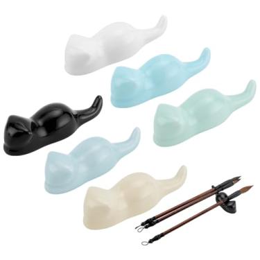Imagem de PH PandaHall 6 peças de porta-pincéis de porcelana para gatos, 6 cores, suporte de descanso de caneta de cerâmica, suporte para pintura de caligrafia e materiais de arte, organizador de mesa, presente