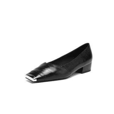 Imagem de TinaCus Sapato social feminino feito à mão de couro legítimo com bico quadrado e salto baixo, Preto, 35