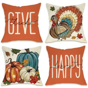 Imagem de Fahrendom Conjunto de 4 fronhas decorativas de peru de Ação de Graças, 45,7 x 45,7 cm, outono, dê graças, abóbora, varanda, pátio, exterior, fronha, outono, colheita, casa de fazenda, sofá, decoração