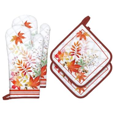 Imagem de Arquiel Conjuntos de luvas de forno e suportes de panela de folha de bordo de outono, 4 peças, 100% algodão, resistentes ao calor, luvas de forno extralongas para cozinha, cozinha, decoração de