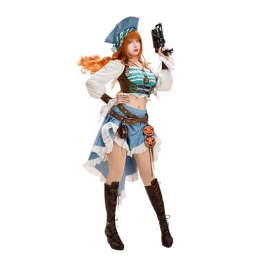 Imagem de haikyuu Fantasia de cosplay de pirata Nami com chapéu, vestido de capitão, fantasia renascentista, dia das bruxas medievais (azul, médio)