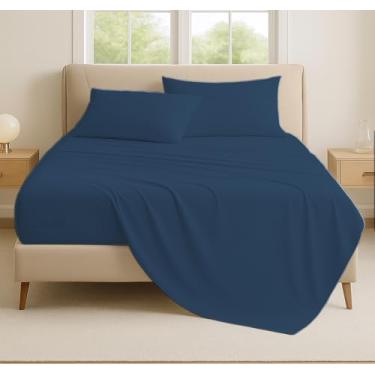 Imagem de 600 fios 100% algodão egípcio penteado macio, conjunto de 4 peças, tecido de cetim macio e macio, lençóis de cama extra macios, lençóis refrescantes, bolso profundo (Queen, azul médio sólido)