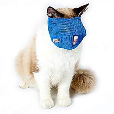 Imagem de focinheira de gato OneCut, respirável com focinheiras de malha ajustáveis para evitar arranhões e mordidas – Anti mordida contra mi.OneCut L azul
