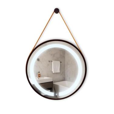 Imagem de ESPELHO ADNET ILUMINADO REDONDO 50CM PRETO C/ALÇA CARAMELO TOUCH LED 6000K