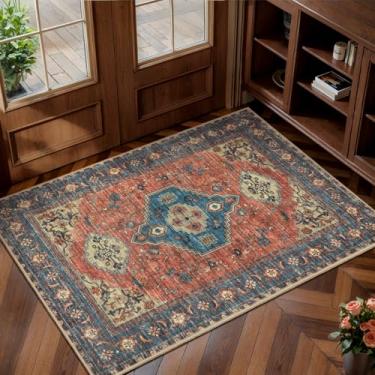 Imagem de Tangsoo Tapetes de entrada laváveis 2x3 vintage antiderrapante para área pequena, tapete para porta da frente interna, tapete de porta envelhecido estampado entrada interna macio tapete baixo para