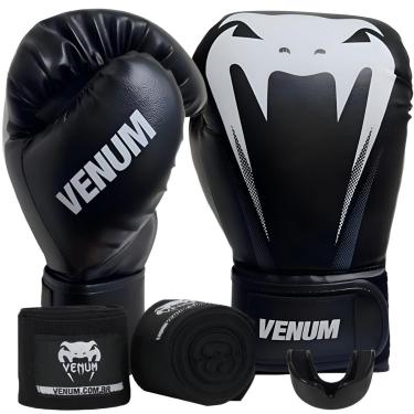 Imagem de Kit Luva de Boxe Muay Thai Kickboxing Venum Giant Logo Sticher Dark + Bandagem 4m + Protetor Bucal-Unissex
