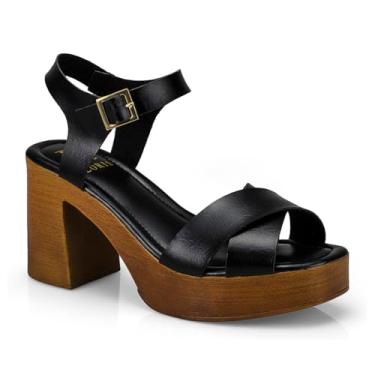 Imagem de Sandália Tamanco Anabela Feminino Fivela Salto Alto Grosso Bloco Madeira 007-013 (Preto, BR, Adulto, Numérico, 34)