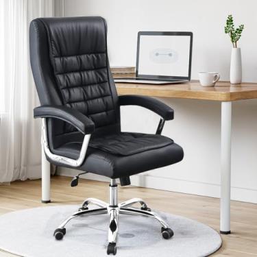 Imagem de Cadeira de Escritório Giratória com Encosto Alto, Apoio Lombar, Assento Reclinável e Almofadas Grossas - Suporta 200kg (Preto)