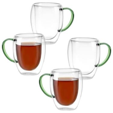 Imagem de Kit Conjunto 4 Xícaras de Vidro Borossilicato Parede Dupla 350ml Transparente com Alça Colorida (Verde)