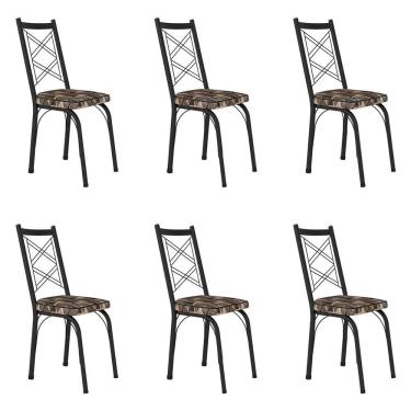 Imagem de Kit 6 Cadeiras de Cozinha Delaware Estampado Mosaico Palha Pés de Ferro Preto - Pallazio