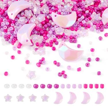 Imagem de Spritewelry Kits de pulseiras de contas DIY 60 g contas de semente de vidro rosa 20 peças arco-íris iridescente acrílico lua pingentes 25 peças contas de acrílico para fazer joias faça você mesmo