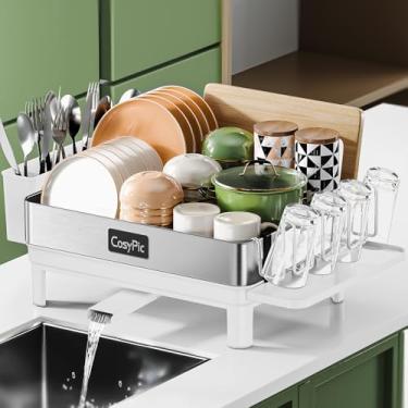 Imagem de CosyPic Escorredor de louça, escorredor de pratos de aço inoxidável 304 mais espesso premium para balcão de cozinha, bico de drenagem automática, escorredor de pratos e conjunto de drenagem, com